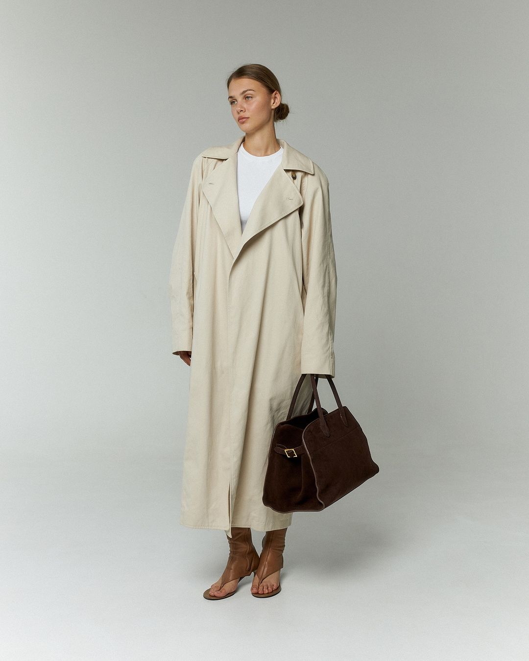 Brown Suede Structured Tote Bag – Gold Buckle Detail Work Tote