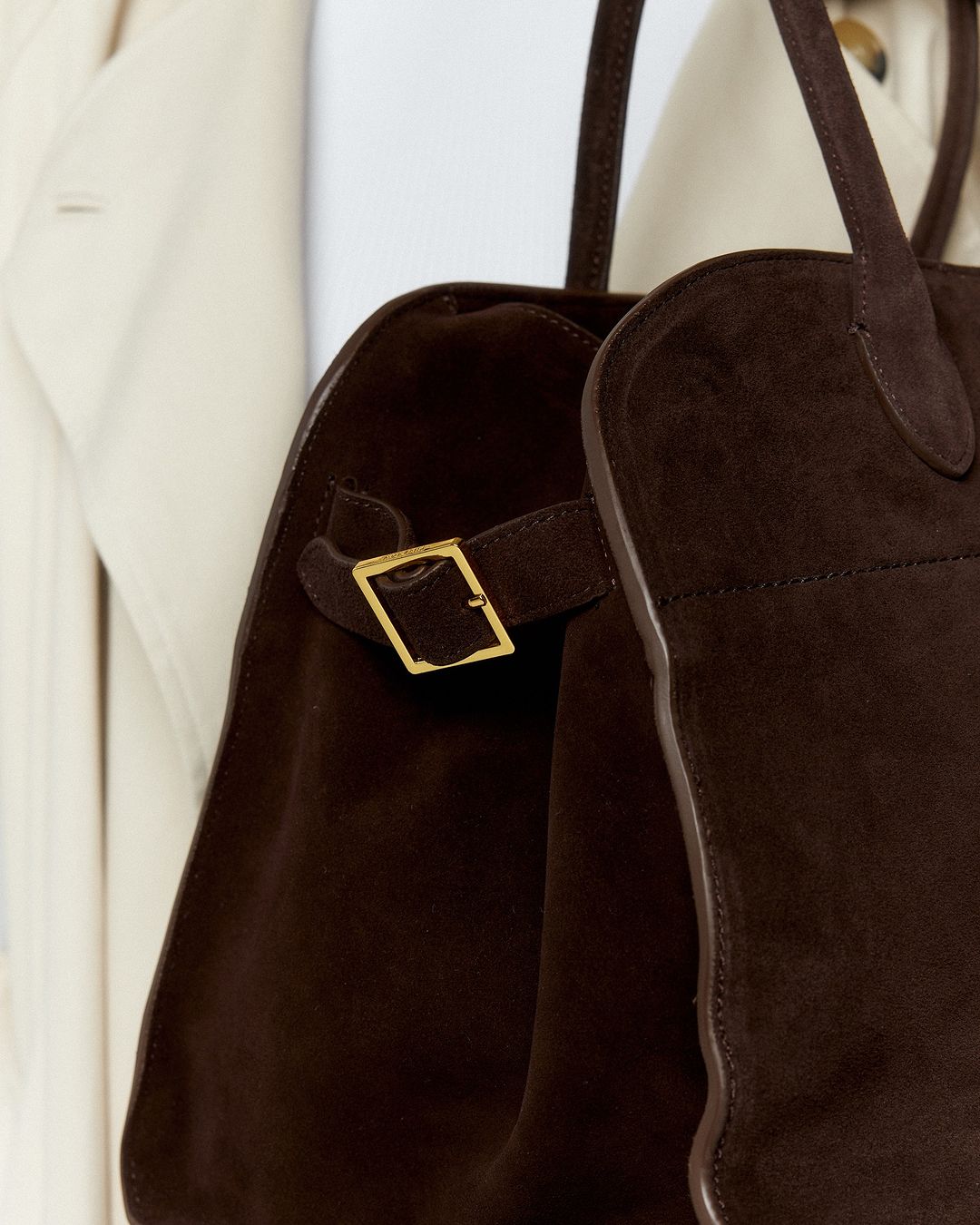 Brown Suede Structured Tote Bag – Gold Buckle Detail Work Tote