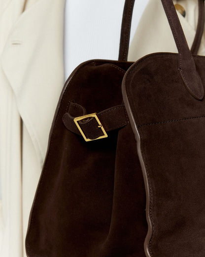 Brown Suede Structured Tote Bag – Gold Buckle Detail Work Tote
