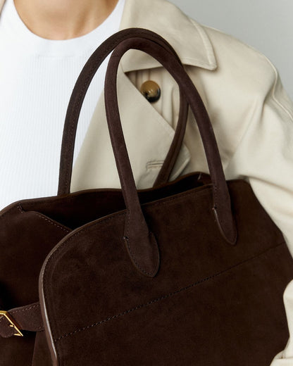 Brown Suede Structured Tote Bag – Gold Buckle Detail Work Tote