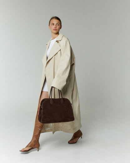 Brown Suede Structured Tote Bag – Gold Buckle Detail Work Tote