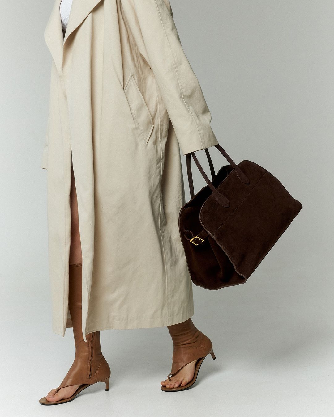 Brown Suede Structured Tote Bag – Gold Buckle Detail Work Tote