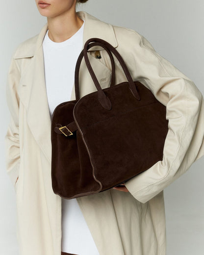 Brown Suede Structured Tote Bag – Gold Buckle Detail Work Tote