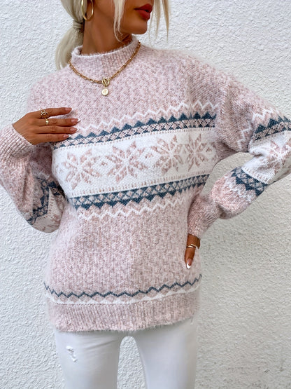 Fair Isle Snowflake Mock Neck Sweater – Relaxed Fit Winter Pullover