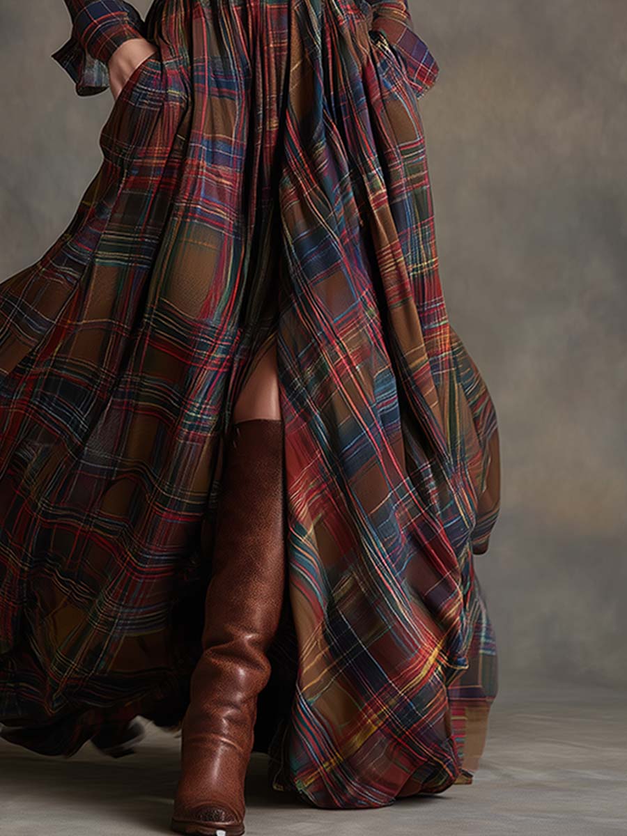 Plaid Maxi Shirt Dress – Long Sleeve Belted Tartan Dress