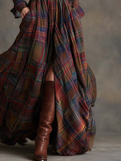 Plaid Maxi Shirt Dress – Long Sleeve Belted Tartan Dress