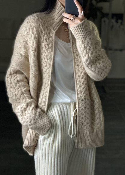 Cable Knit Zip-Up Cardigan – Chunky High-Neck Oversized Fit