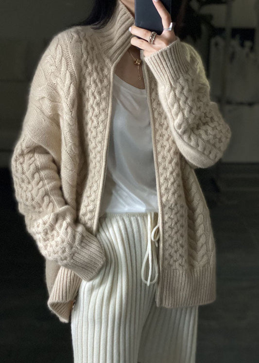 Cable Knit Zip-Up Cardigan – Chunky High-Neck Oversized Fit