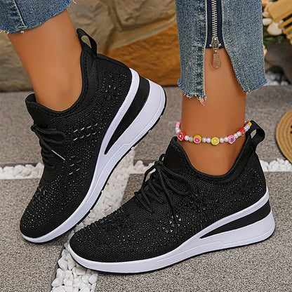 Rhinestone Knit Wedge Sneakers – Lace-Up Casual Platform Shoes