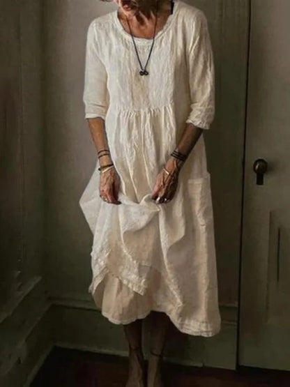 Women's Linen Midi Dress – Loose Fit 3/4 Sleeve Round Neck Casual Dress