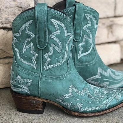 Embroidered Western Ankle Boots – Block Heel Pull-On Cowboy Booties