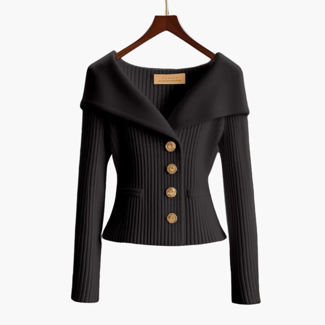Off-Shoulder Ribbed Knit Cardigan – Button-Front Cropped Top