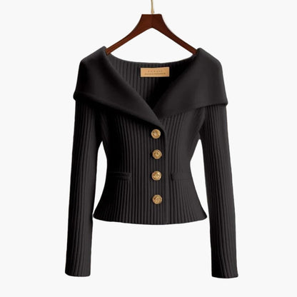 Off-Shoulder Ribbed Knit Cardigan – Button-Front Cropped Top