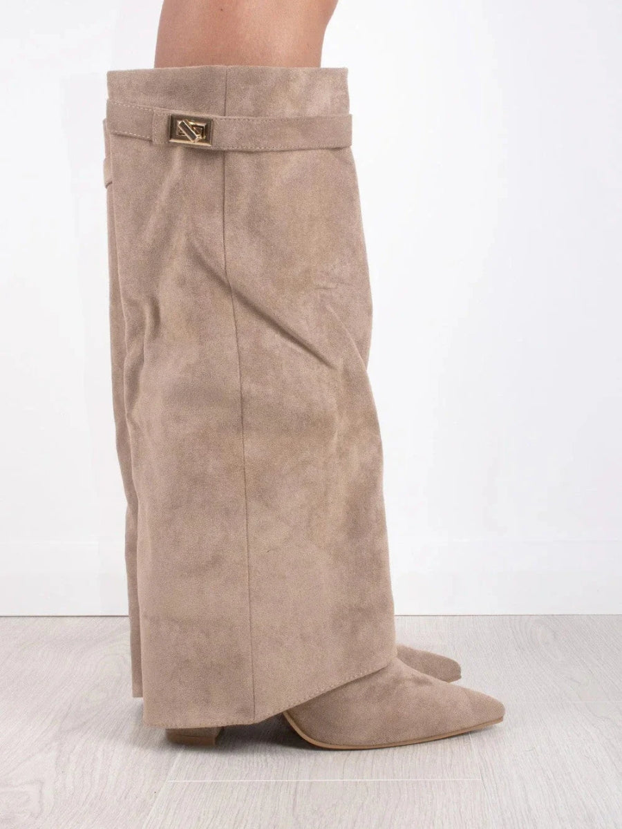 Suede Fold-Over Knee High Boots – Pointed Toe Gold Clasp