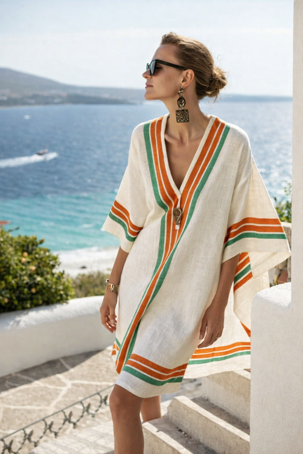 Striped Kaftan Dress – V-Neck Short Sleeve Beach Cover-Up