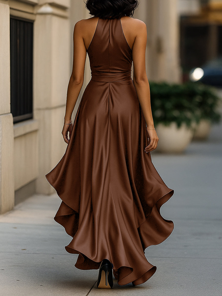 Women's Satin Halter Dress – High Low Ruffle Skirt Formal Evening Dress