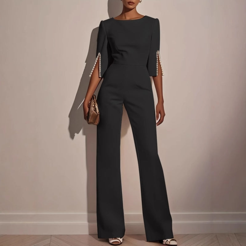 Wide-Leg Formal Jumpsuit – Boat Neck Split Sleeve Pearl Detail