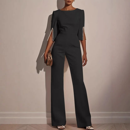 Wide-Leg Formal Jumpsuit – Boat Neck Split Sleeve Pearl Detail