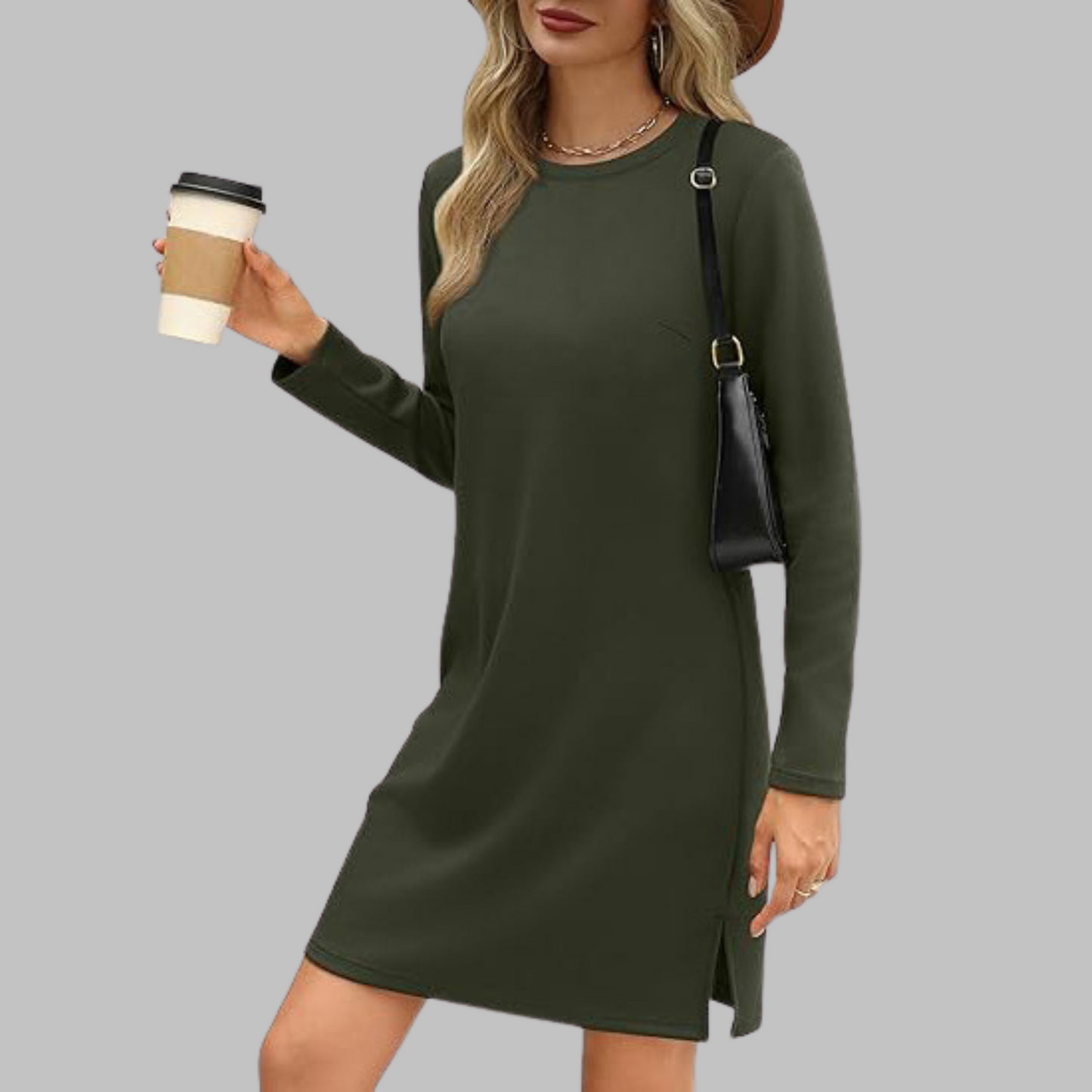 Long Sleeve Crewneck T-Shirt Dress – Slim Fit Casual Mini Dress