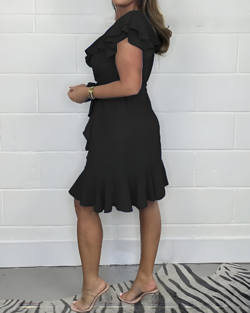 Ruffle Wrap Mini Dress – V-Neck Belted Summer Dress