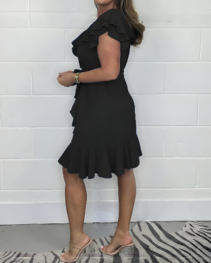 Ruffle Wrap Mini Dress – V-Neck Belted Summer Dress