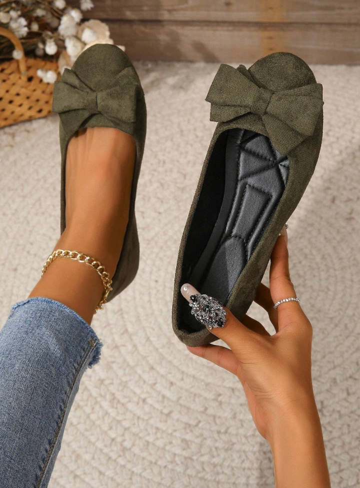 Suede Bow Ballet Flats – Women's Round Toe Slip-On Flats
