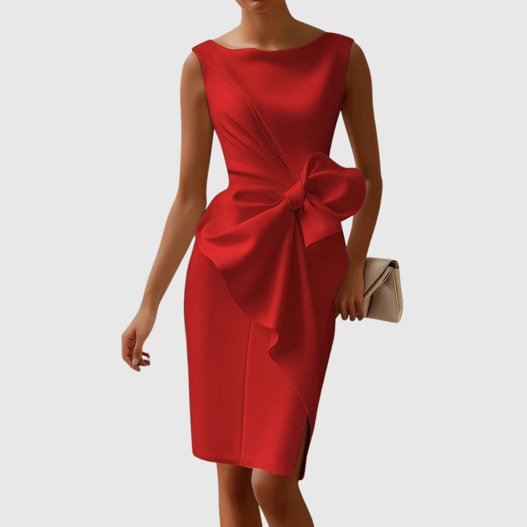 Sleeveless Bow Midi Dress – Bodycon Pencil Party Dress with Side Slit