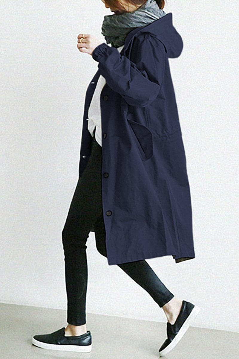 Button-Front Hooded Rain Coat – Knee-Length Loose Fit