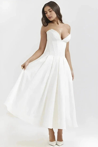 Women's Strapless Corset Midi Dress – Sweetheart Neckline A-Line Party Dress