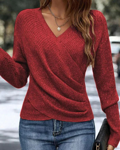 Wrap Knit Top Long Sleeve – V-Neck Ruched Crossover Top