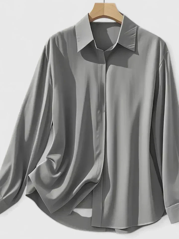 Satin Button-Down Blouse – Long Sleeve Hidden Placket Work Top
