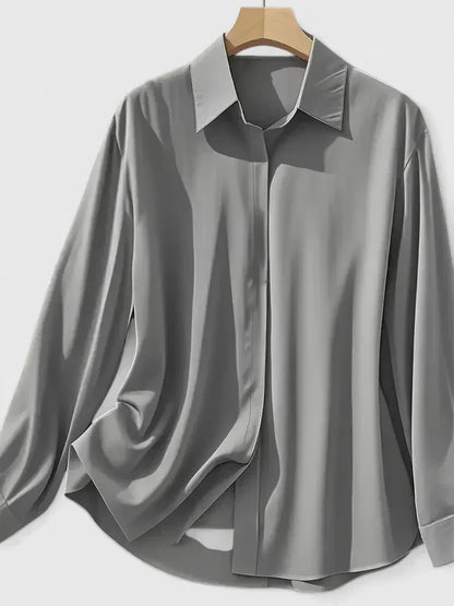 Satin Button-Down Blouse – Long Sleeve Hidden Placket Work Top