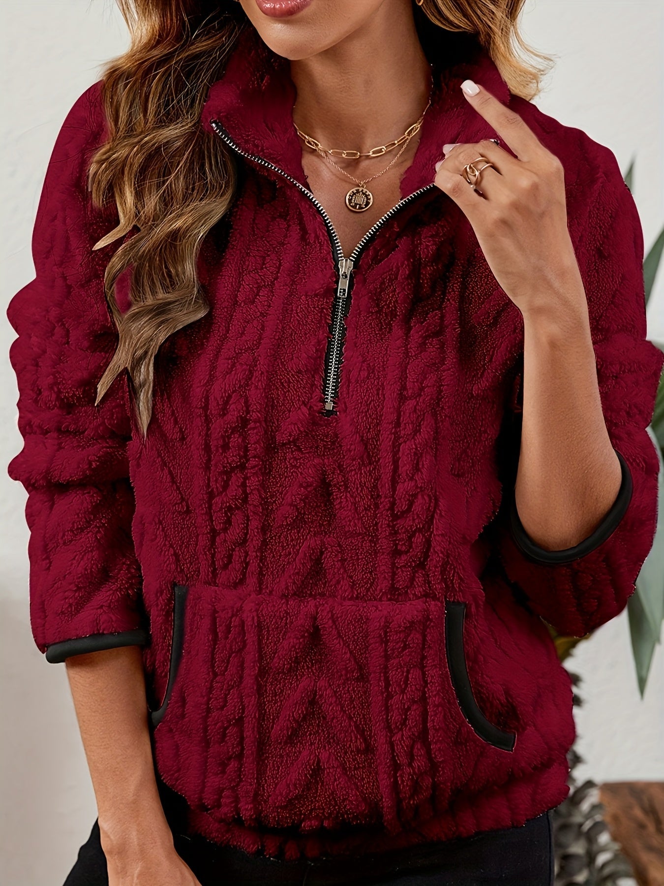 Sherpa Fleece Half-Zip Pullover – Textured Long Sleeve with Kangaroo Pocket