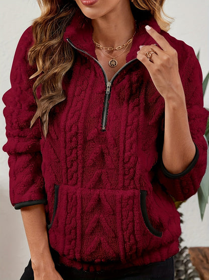 Sherpa Fleece Half-Zip Pullover – Textured Long Sleeve with Kangaroo Pocket
