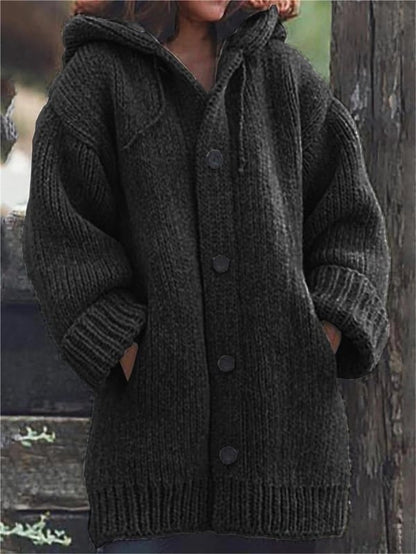 Chunky Knit Hooded Cardigan – Oversized Button-Front with Pockets