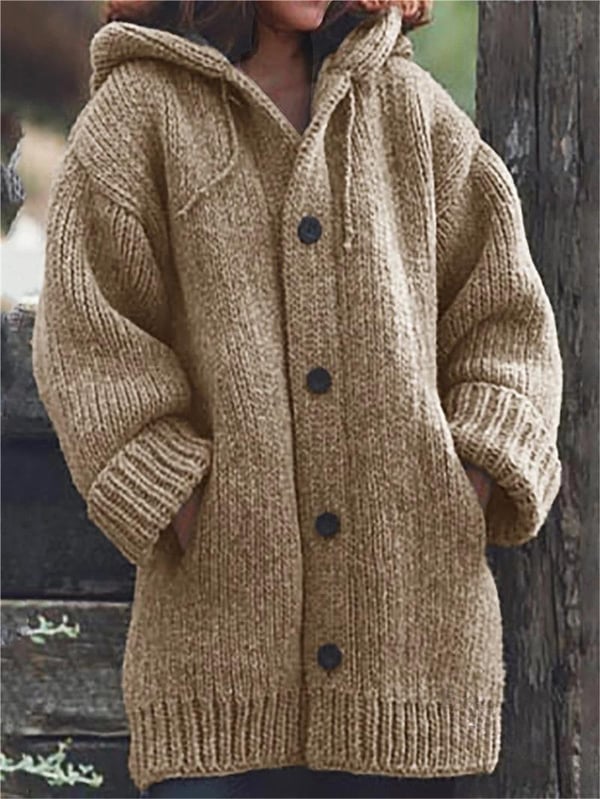 Chunky Knit Hooded Cardigan – Oversized Button-Front with Pockets