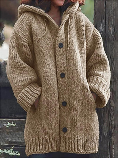 Chunky Knit Hooded Cardigan – Oversized Button-Front with Pockets
