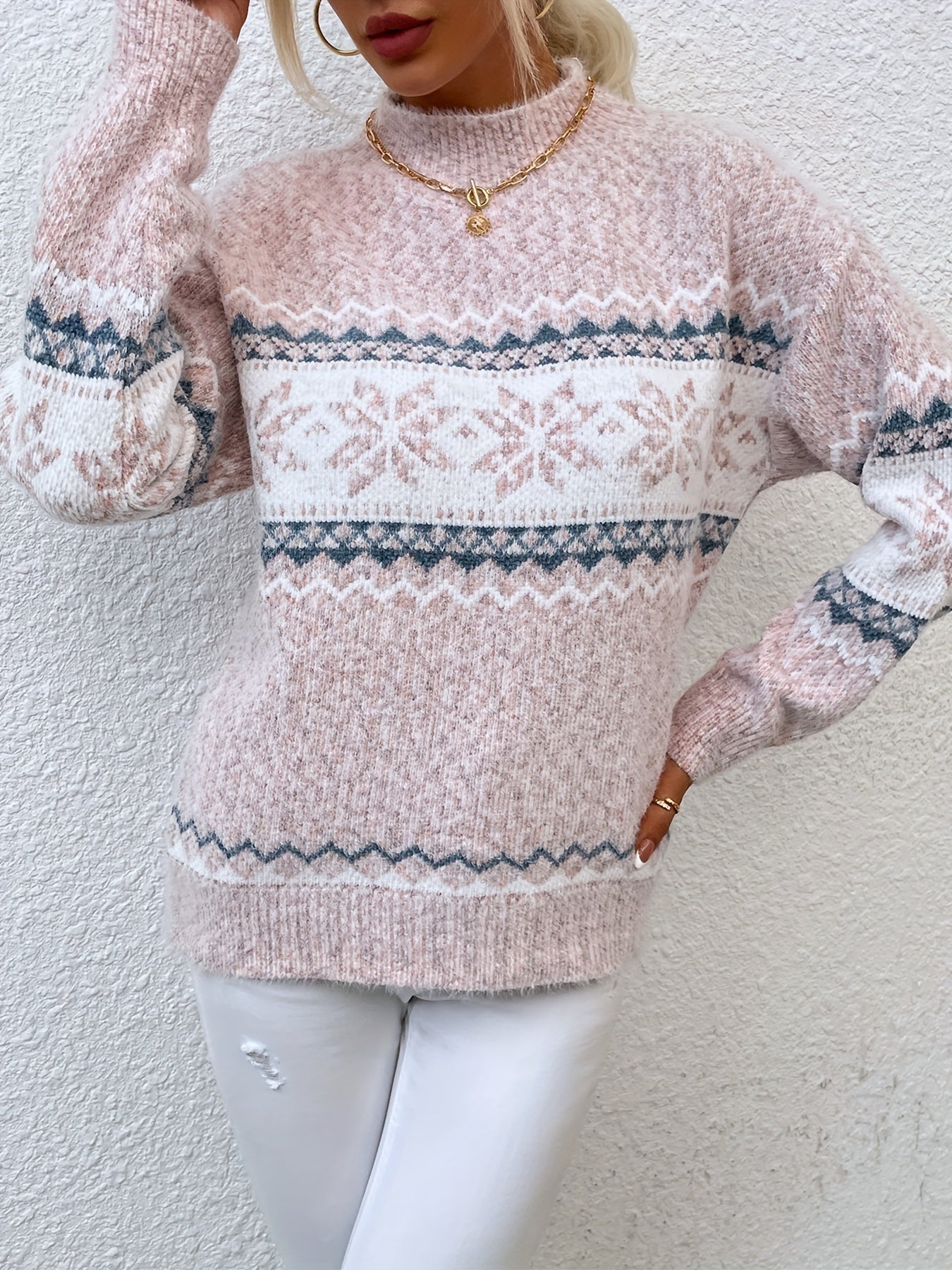 Fair Isle Snowflake Mock Neck Sweater – Relaxed Fit Winter Pullover