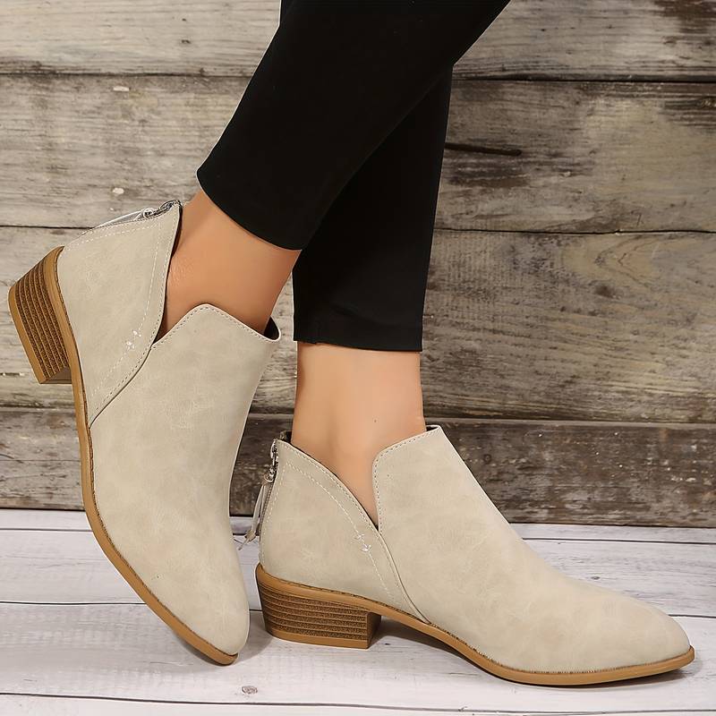 Pointed Toe Ankle Boots Block Heel – V-Cutout Back Zip Booties