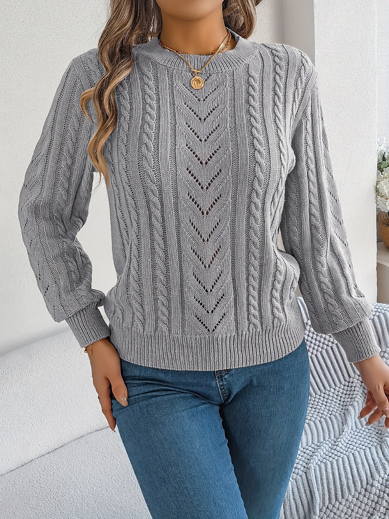 Cable Knit Openwork Pullover Sweater – Crewneck Long Sleeve Relaxed Fit