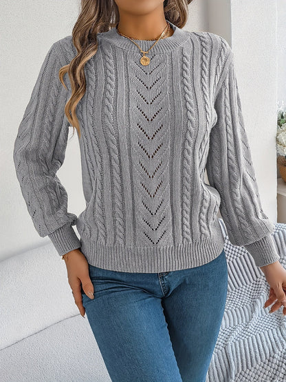 Cable Knit Openwork Pullover Sweater – Crewneck Long Sleeve Relaxed Fit