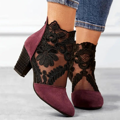 Floral Lace Ankle Boots – Block Heel Pointed Toe Booties