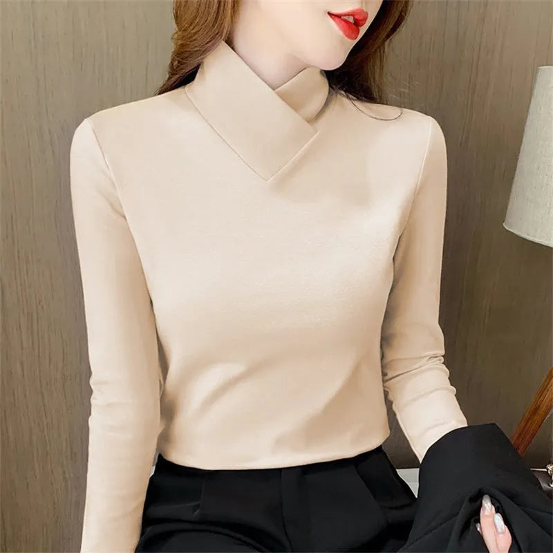Slim Fit Turtleneck Long Sleeve Top – V-Neckline Stretch Layering Tee