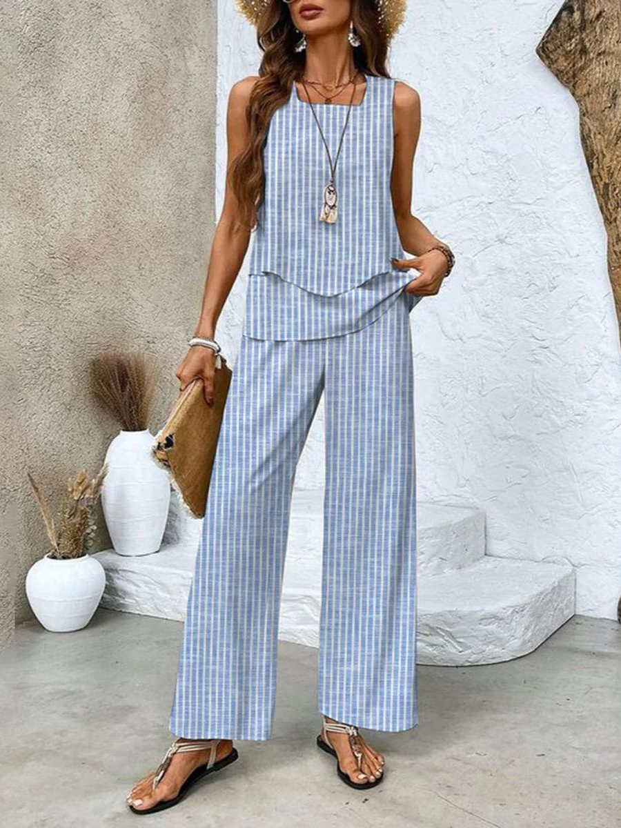Layered Sleeveless Top Wide-Leg Pants Set – Square Neck Summer Two-Piece