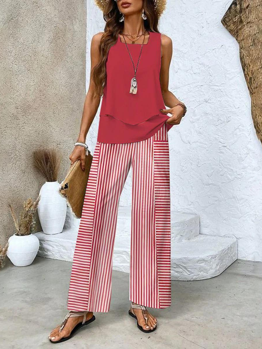 Layered Sleeveless Top Wide-Leg Pants Set – Square Neck Summer Two-Piece