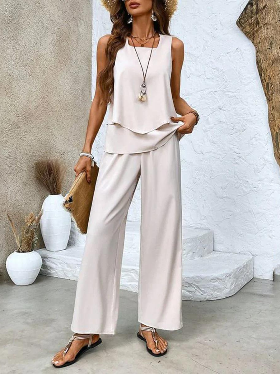 Layered Sleeveless Top Wide-Leg Pants Set – Square Neck Summer Two-Piece
