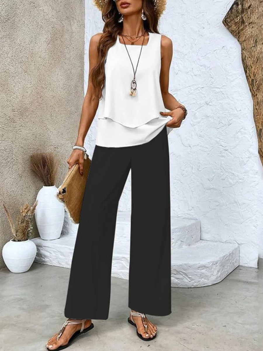 Layered Sleeveless Top Wide-Leg Pants Set – Square Neck Summer Two-Piece