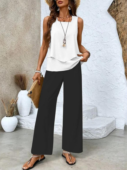 Layered Sleeveless Top Wide-Leg Pants Set – Square Neck Summer Two-Piece
