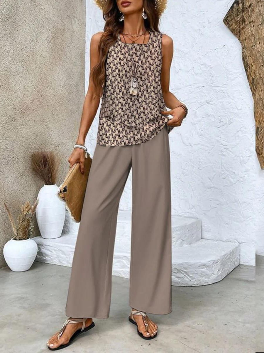 Layered Sleeveless Top Wide-Leg Pants Set – Square Neck Summer Two-Piece