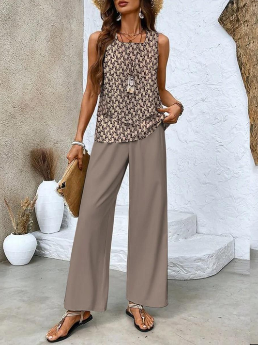Layered Sleeveless Top Wide-Leg Pants Set – Square Neck Summer Two-Piece